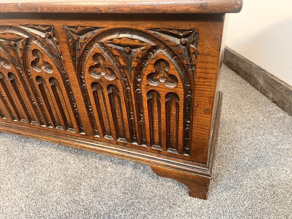 A Georgian Style Oak Coffer Featuring Deeply Carved Gothic Arcading And Panelled Front - Image 3