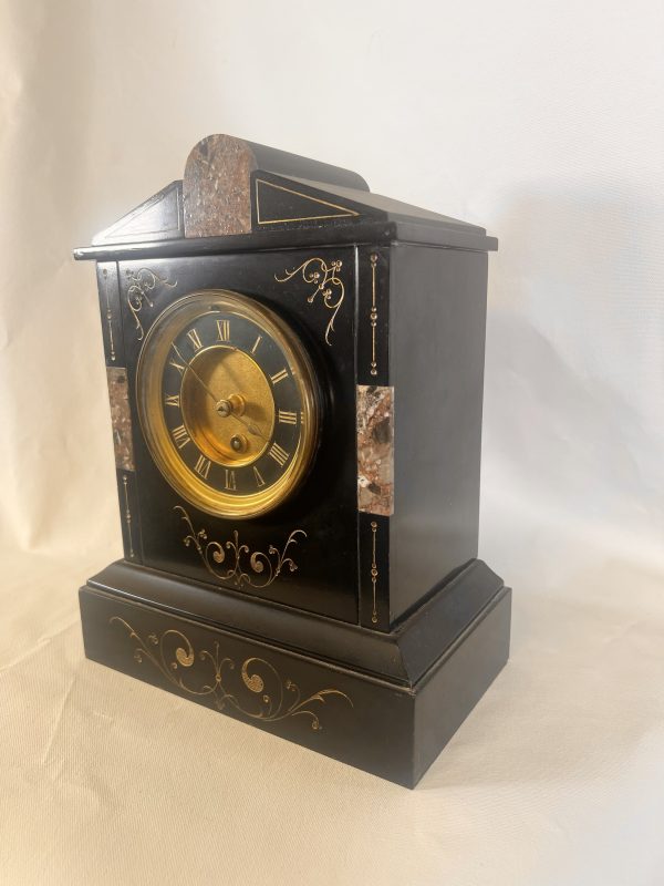 A Victorian Black Slate Mantel Clock Timepiece With Skeletonised Dial Bearing Gilt Roman Numerals - Image 5