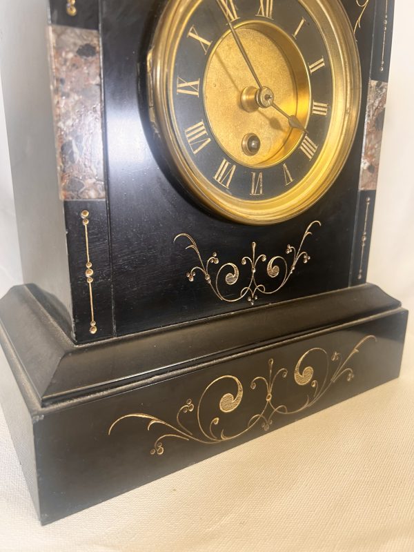A Victorian Black Slate Mantel Clock Timepiece With Skeletonised Dial Bearing Gilt Roman Numerals - Image 7