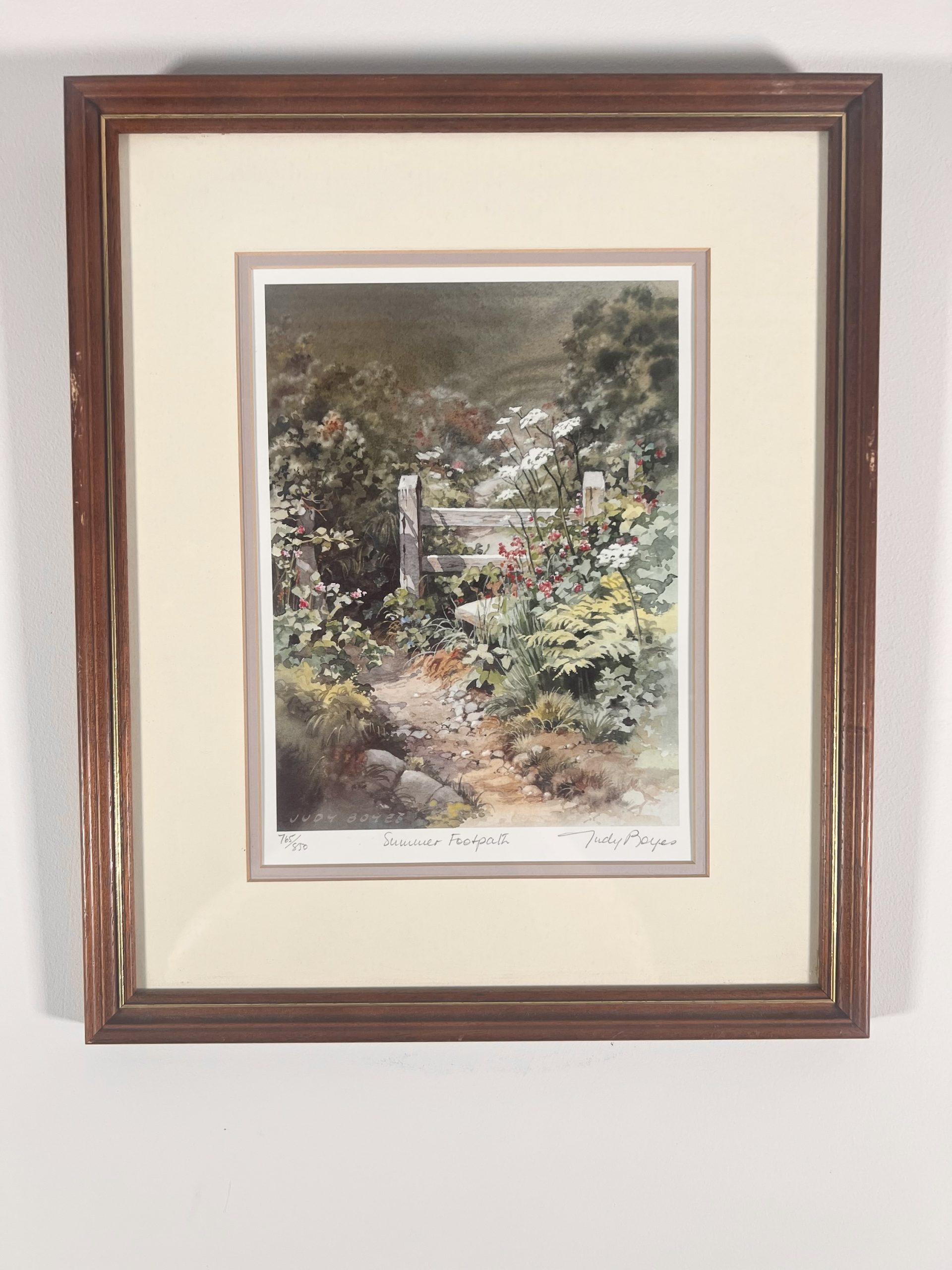 Judy Boyes Pencil Signed Painting "Summer Footpath" Mounted And Framed Under Glass