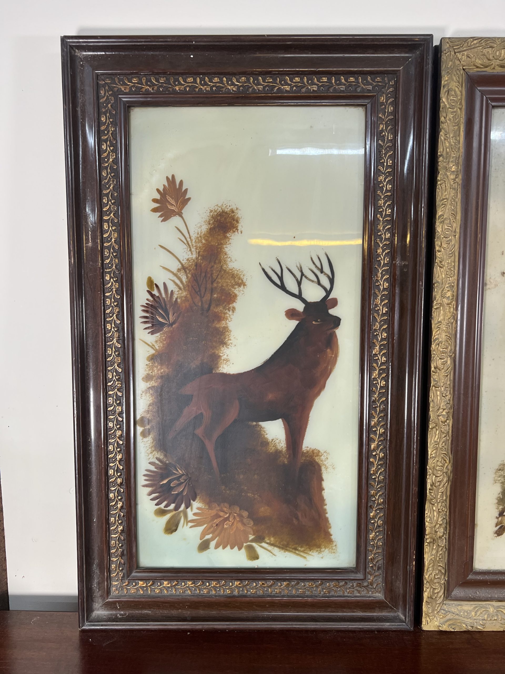 Three Victorian Milk Glass Paintings Of Stags - Image 2
