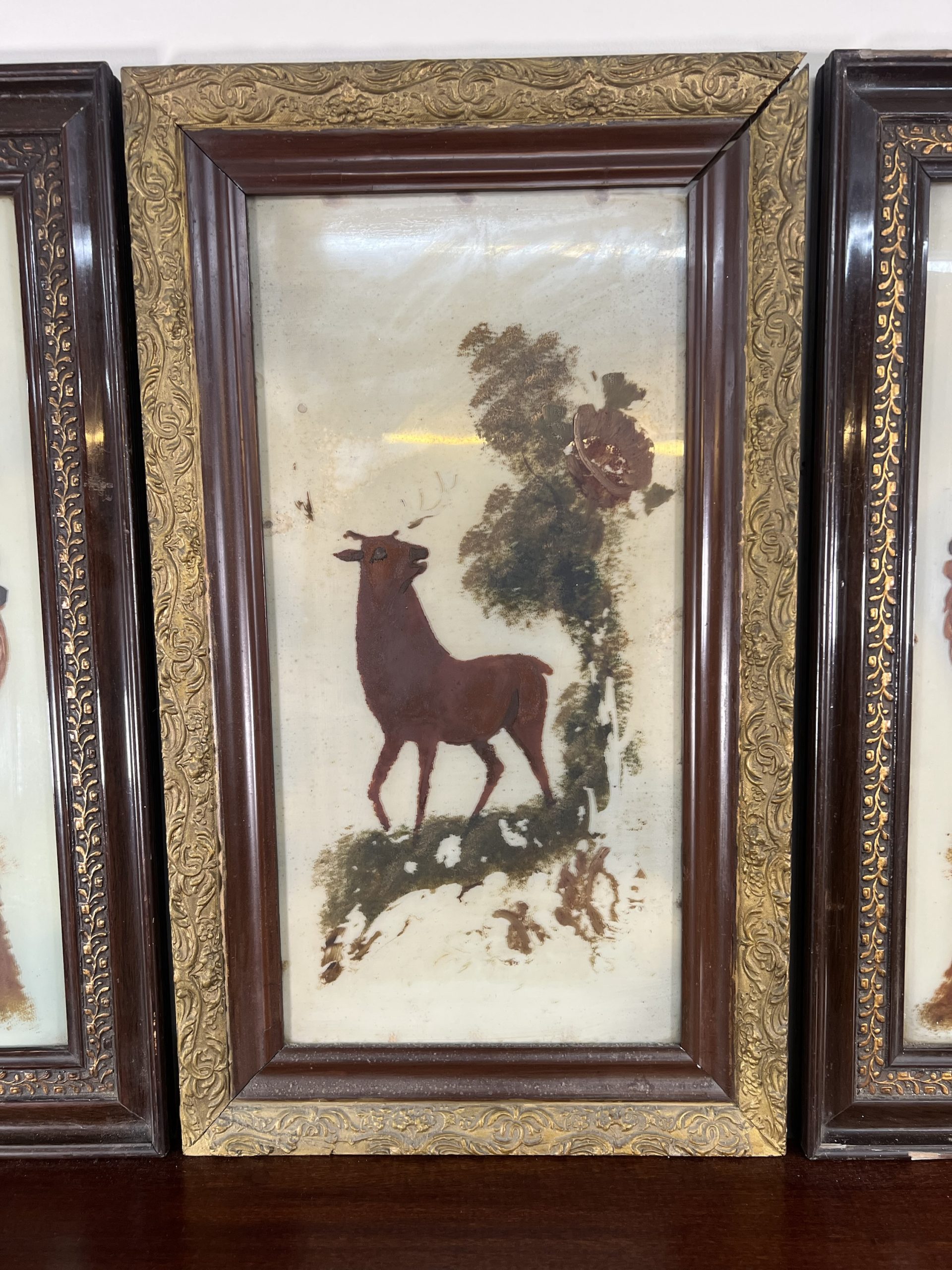 Three Victorian Milk Glass Paintings Of Stags - Image 3