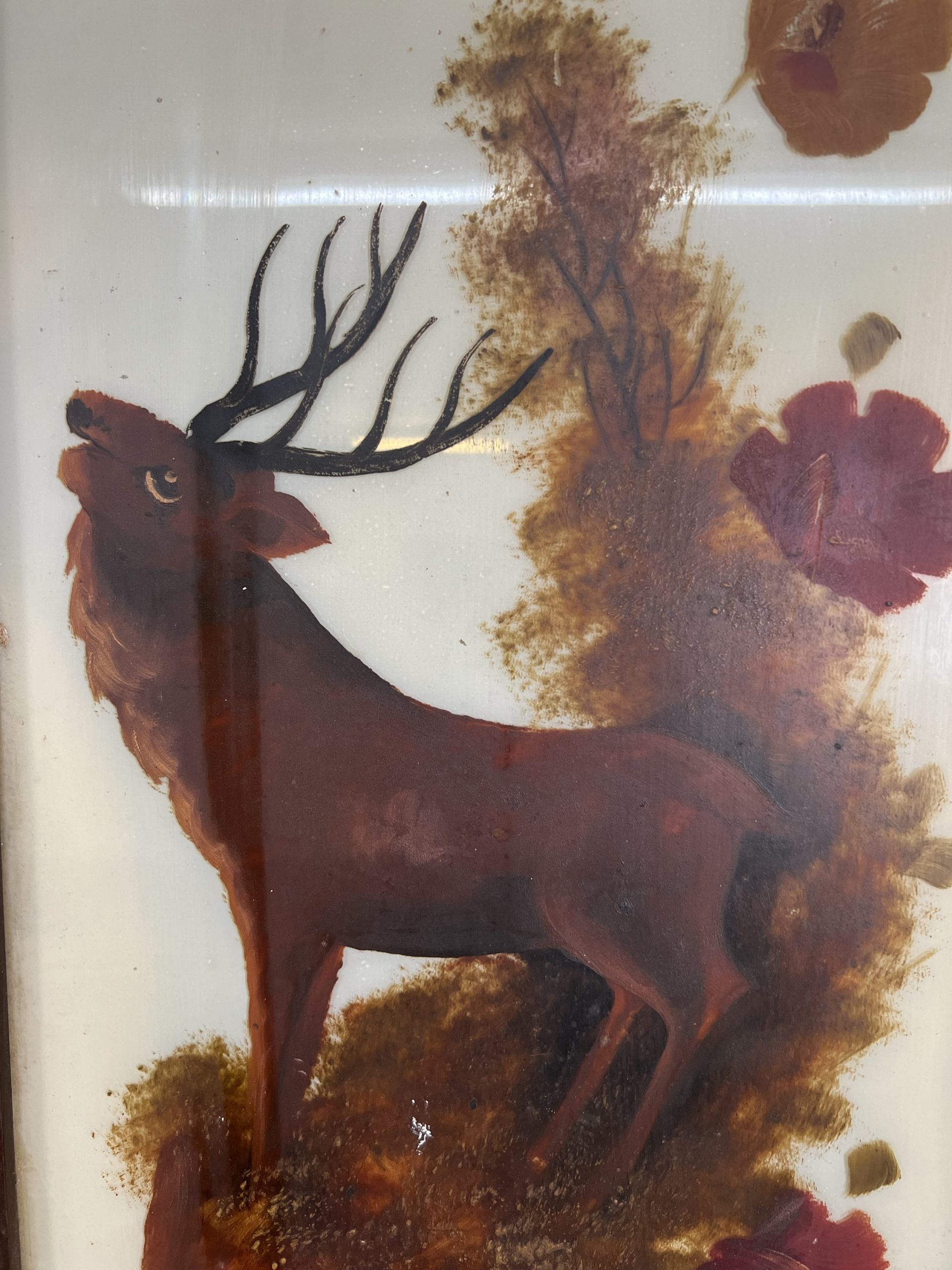 Three Victorian Milk Glass Paintings Of Stags - Image 5