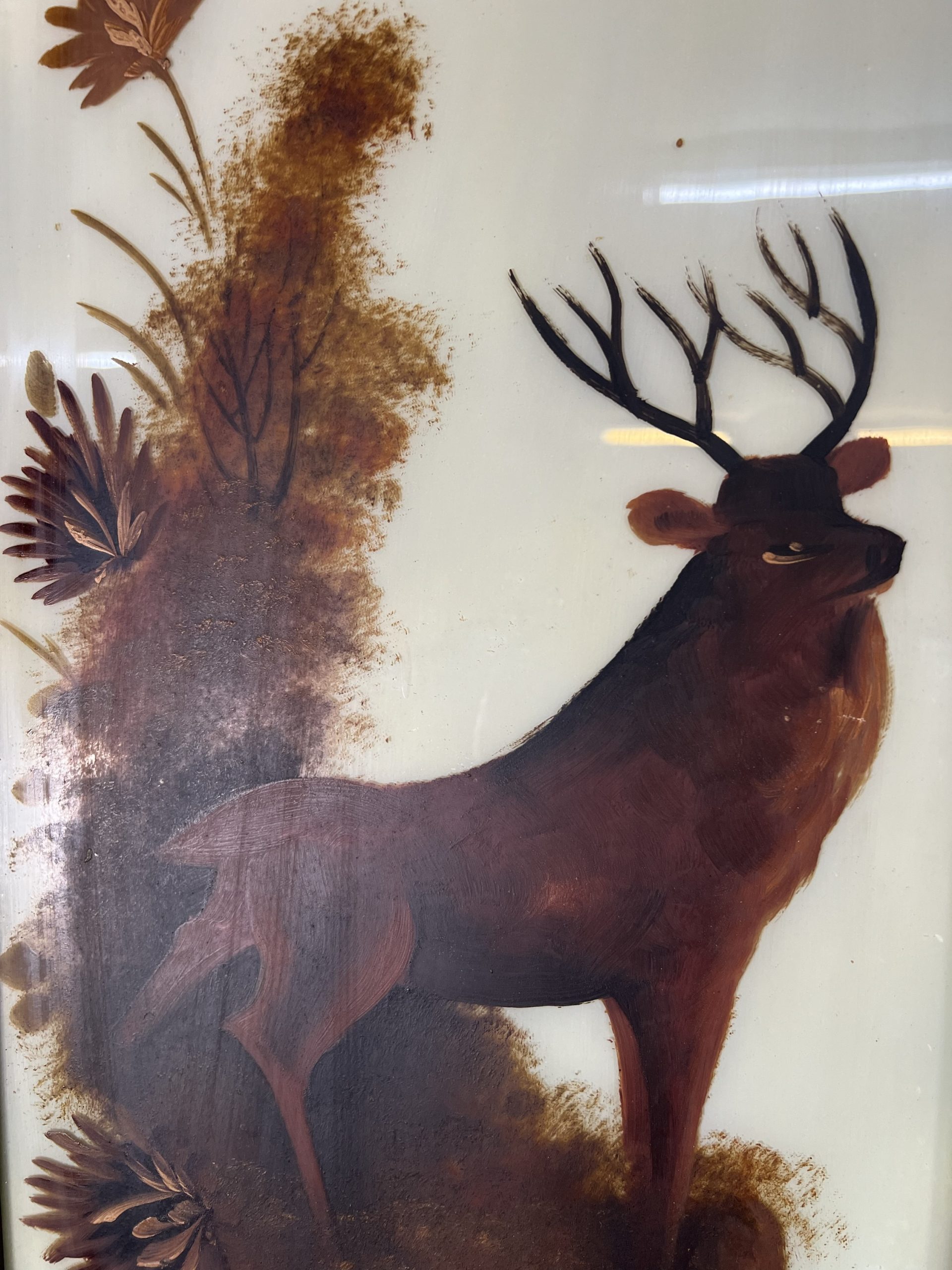 Three Victorian Milk Glass Paintings Of Stags - Image 6