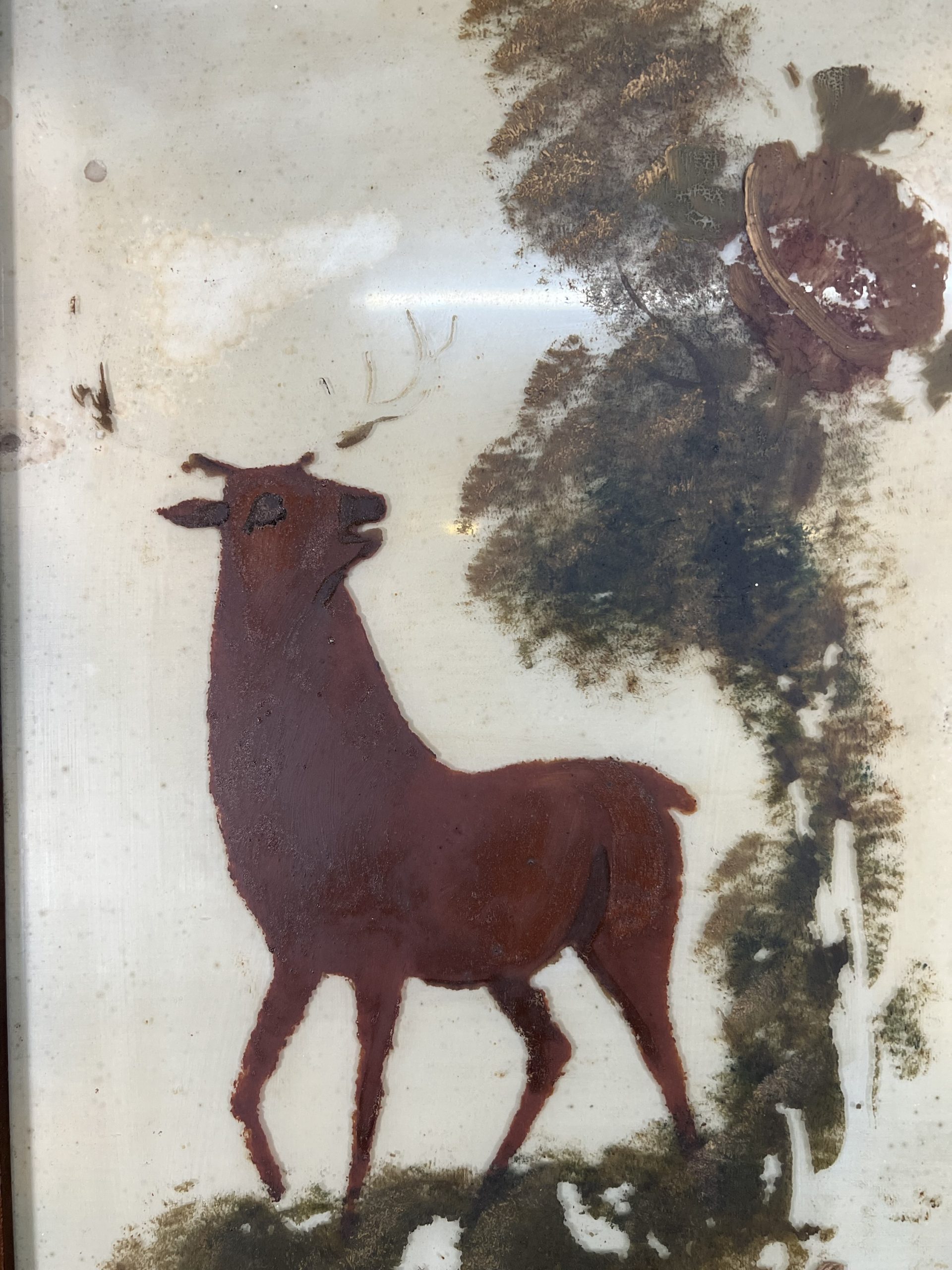 Three Victorian Milk Glass Paintings Of Stags - Image 7