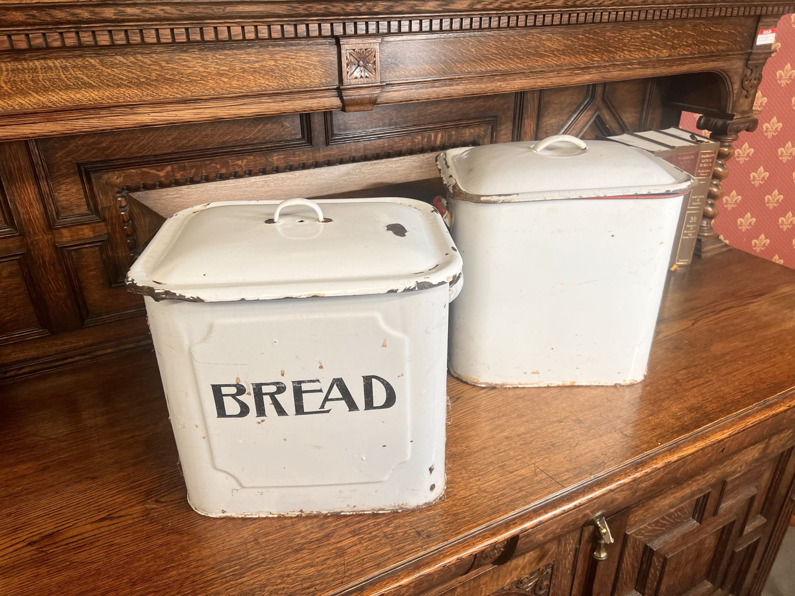 Two Large 1930's Enamel Bread Bins One Edged In Blue And One Red