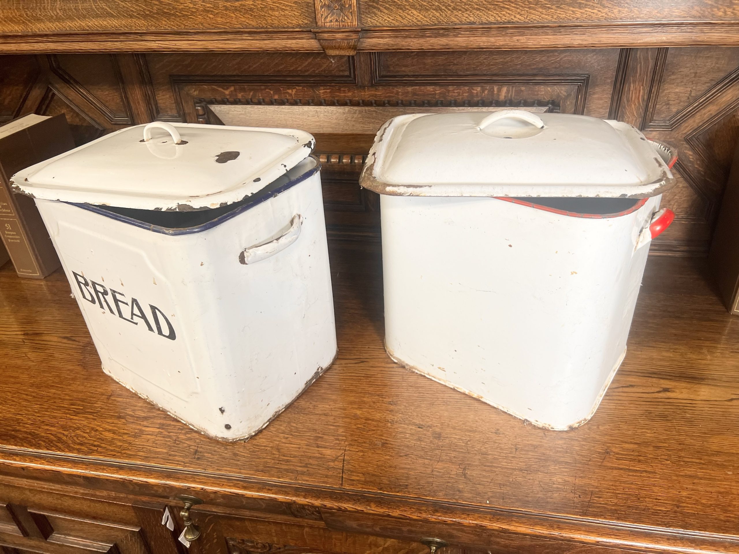Two Large 1930's Enamel Bread Bins One Edged In Blue And One Red - Image 2