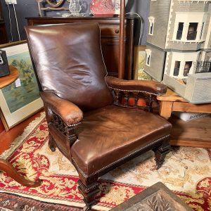 Elegant Solid Beech Library Chair — Leather Upholstery, Carved Legs And Ceramic Castors