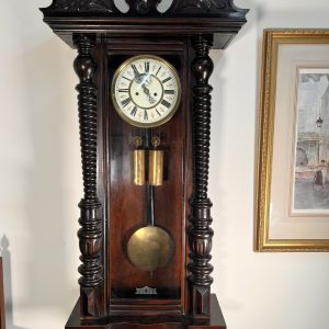 Antique Flame Mahogany Wood Double Weight Vienna Regulator Wall Clock by Gustav Becker