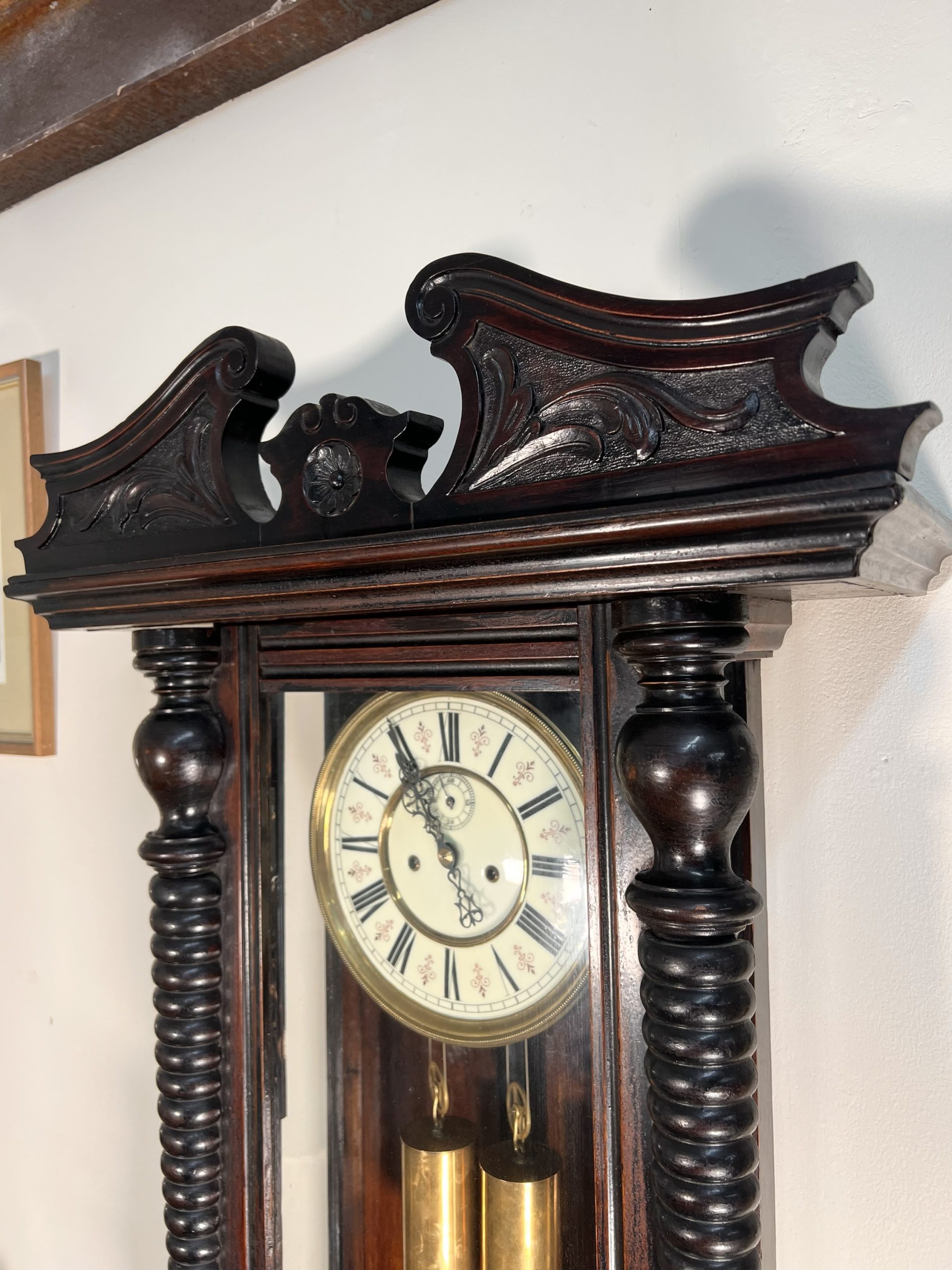 Antique Flame Mahogany Wood Double Weight Vienna Regulator Wall Clock by Gustav Becker - Image 5