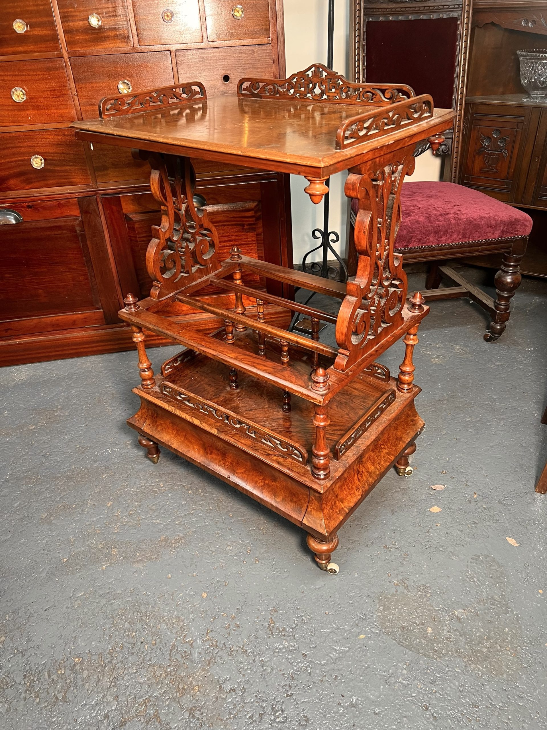 Victorian Burr-Walnut Canterbury Whatnot c.1860 – Exceptional Quality