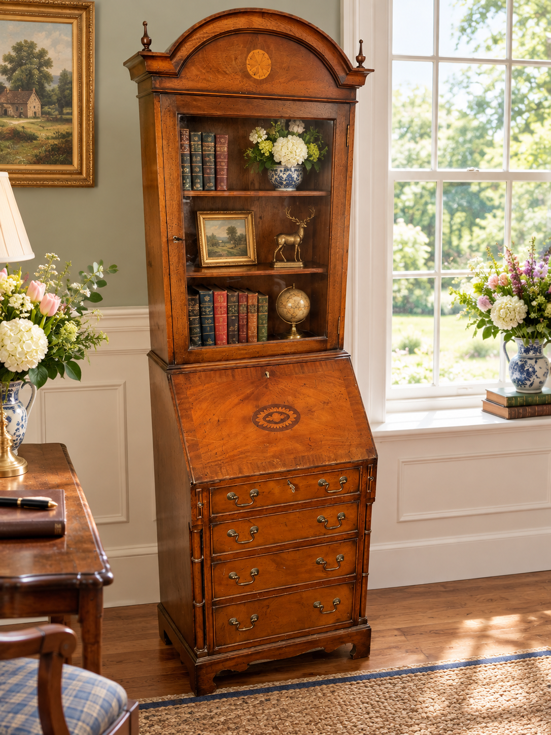 An Impressive George III Style Inlaid Mahogany Bureau Bookcase