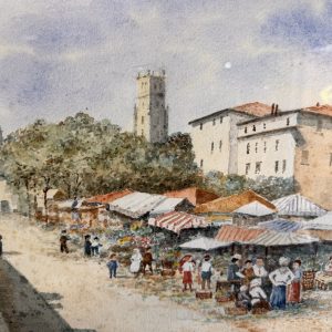 Charming French Street Market Watercolour – Signed & Dated 1963