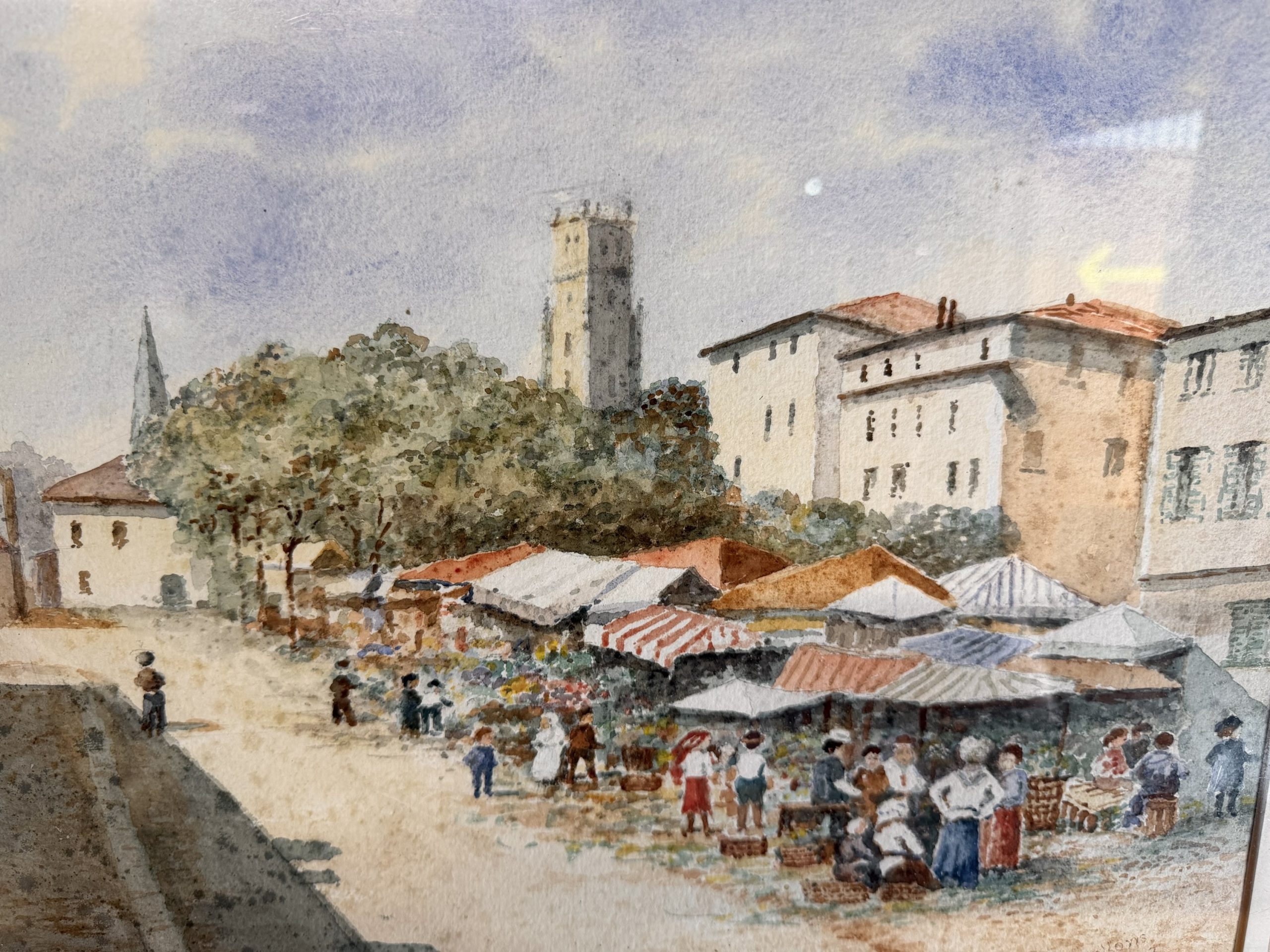 Charming French Street Market Watercolour – Signed & Dated 1963