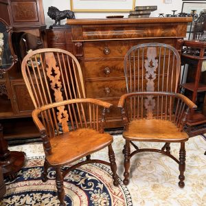 A Stunning Pair of Antique Yew and Elm Spindle-Back Windsor Armchairs