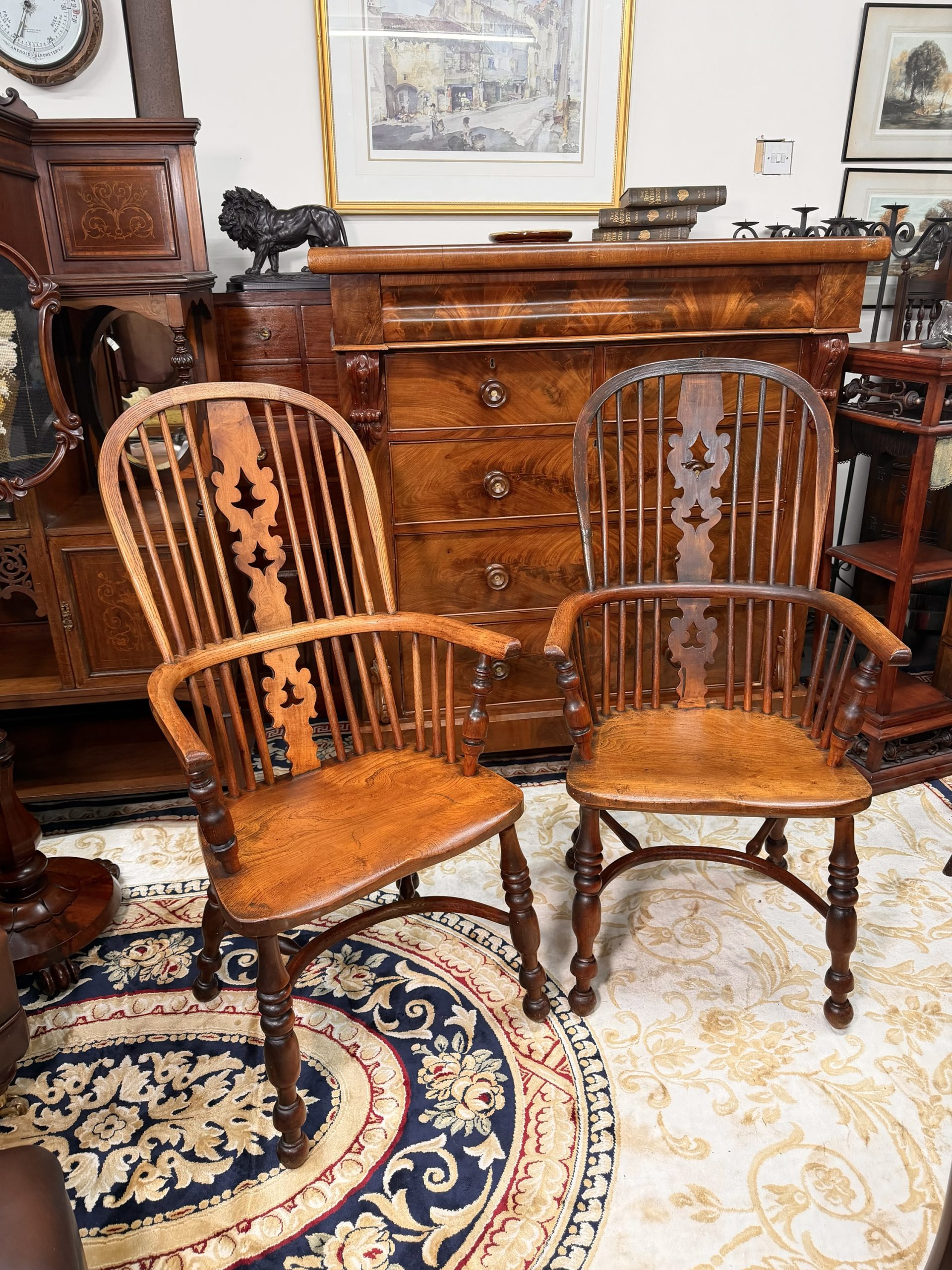 A Stunning Pair of Antique Yew and Elm Spindle-Back Windsor Armchairs