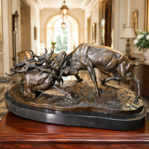 Large Bronze Statue of Fighting Stags on Marble Base by Pierre-Jules Mêne