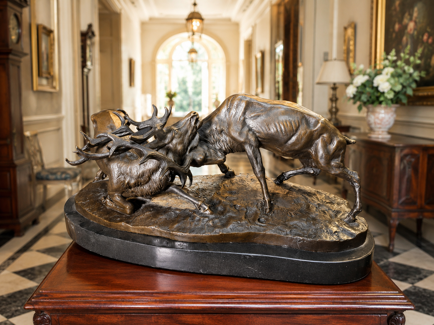 Large Bronze Statue of Fighting Stags on Marble Base by Pierre-Jules Mêne